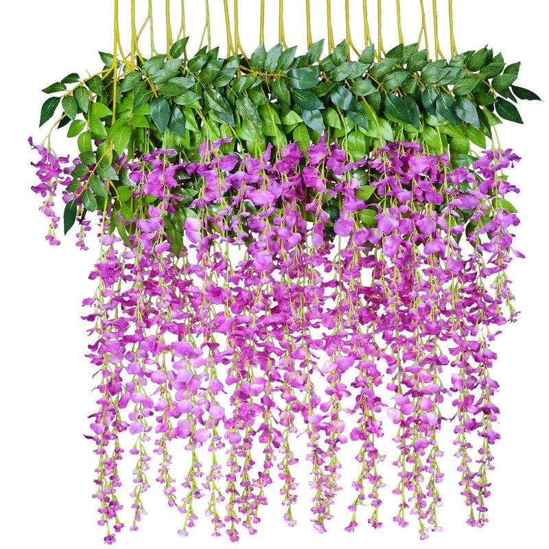 DearHouse 12 Pack 1 Piece 3.6 Feet Artificial Flowers Silk Wisteria Vine Ratta Hanging Flower for Wedding Garden Floral DIY Living Room Office Decor (Purple) - Image 1
